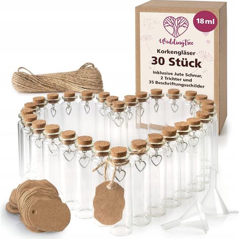 Botellas de vidrio con corcho, juego de 30 frascos, viales, cuerda y etiquetas. (1/5)