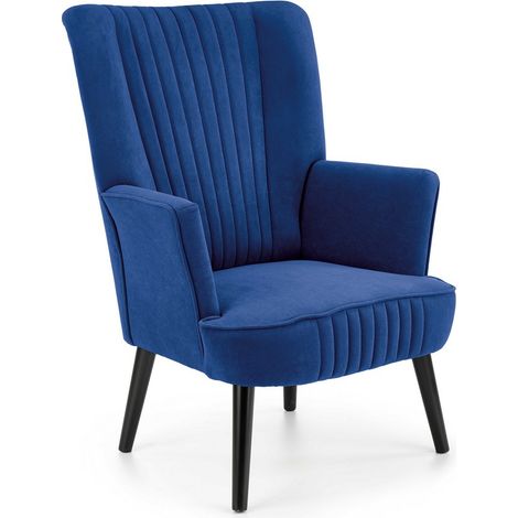 Fauteuil bleu dossier haut et pieds noirs en bois massif CYRUS (1/4)