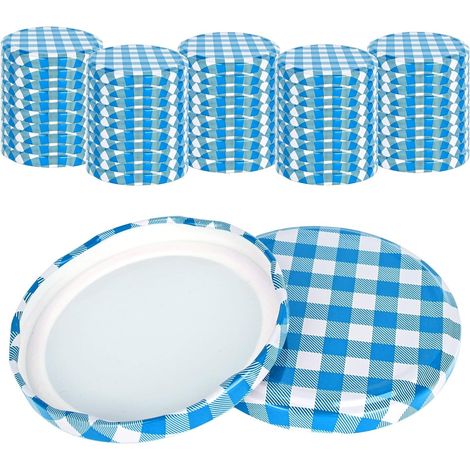 Couvercles à visser – lot de 50 – 82 mm – motif carreaux bleu/blanc – étanches – pour bocaux 230 à 565 ml – confiture (1/5)
