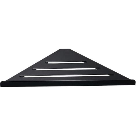 Estante de ducha esquinero de acero inoxidable negro, triangular, de un solo nivel, resistente, requiere perforación para su instalación. (1/4)