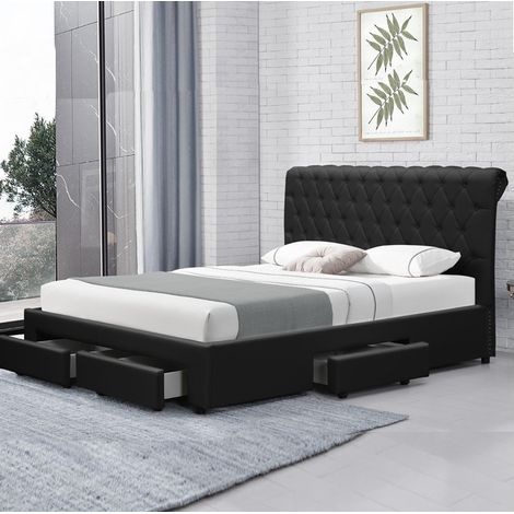 MEUBLER DESIGN Lit Design Avec Rangement Tiroirs Hyde - Polyuréthane Noir - 180x200, Style Contemporain, 236.5 x 196 x 104 cm (1/5)