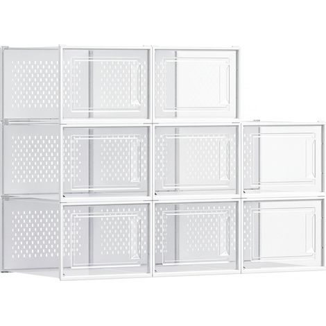 Boîtes à Chaussures, Rangement Chaussures en Plastique, Pliables et Empilables, pour Pointure Jusqu'à 47, Lot de 8, Transparent et Blanc Nuage LSP077W08 (1/5)