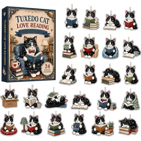 Calendario dell'Avvento con gatti, mini decorazioni natalizie, gatto in acrilico 2D, 24 pezzi (1/5)