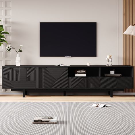 Meuble TV 200 x 40 x 51 cm, design bohème géométrique, rangement modulable, panneau de particules noir (1/5)