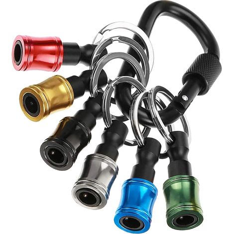 Lot de 6 porte-embouts à tige hexagonale, porte-clés coloré en alliage d'aluminium de 6,35 mm, adaptateur de douille d'extension à vis avec mousqueton noir (1/5)