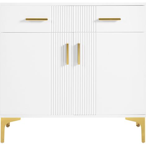 Aparador moderno blanco con 2 puertas y 2 cajones, MDF, tiradores y patas metálicas (1/5)