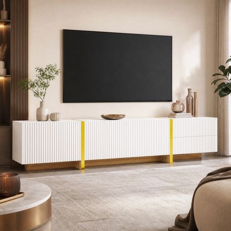 Mobile TV 190 cm con 3 ante e 2 cassetti, bianco, dorato ed effetto legno DESVIAE (1/5)