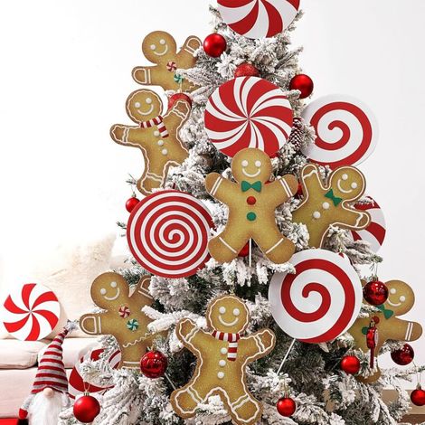 Grandes décorations de sapin de Noël en sucettes à la menthe poivrée rouges et blanches, jolies décorations en pain d'épices pour bonhomme de Noël (16 pièces) (1/5)