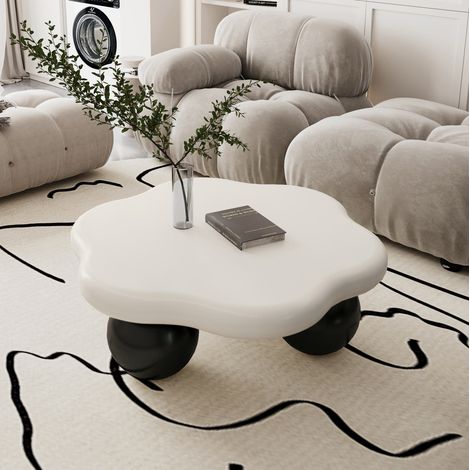 Mesa de centro nube 80 cm bicolor, tablero blanco, patas esféricas negras HAVRYA (1/5)