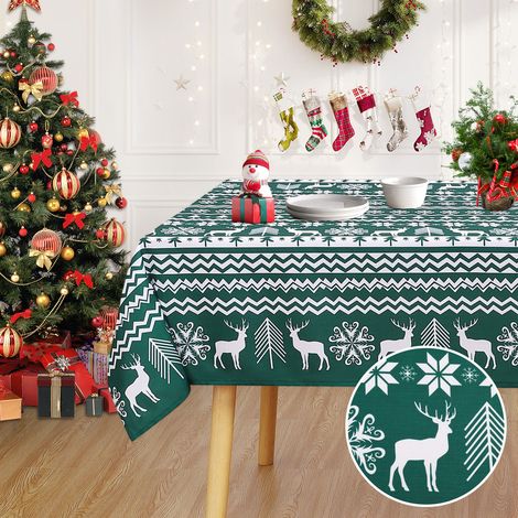 Nappe de table de Noël imperméable & anti-taches - Polyester lavable en machine - Motif rennes et flocons - Protection pour repas et fêtes - Carrée 132 x 132 cm - Vert fond (Allemagne) - 52"x52" (1/5)