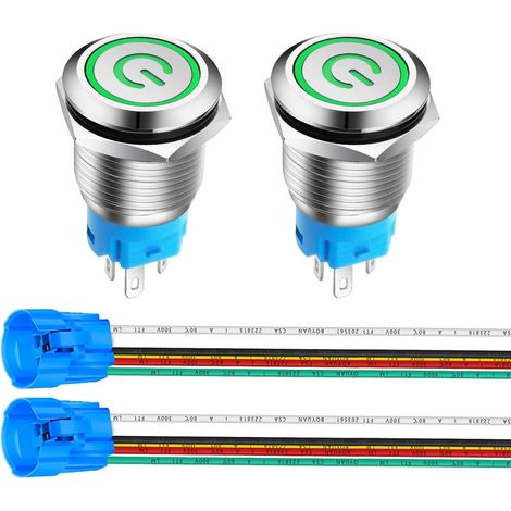 2pièces 16mm Acier Inoxydable Verrouillage Bouton Poussoir Interrupteur, LED de Symbole d'alimentation 12V-24V 5A Interrupteur à Levier Étanche avec Fiche à Douille LED Vert (1/5)