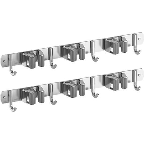 Porte-balaie mural en acier inoxydable 304 avec 2 supports, 3 étagères, 4 crochets - Porte-balai, porte-serpillère organisateur de rangement pour mur (Lot de 2 pièces, Gris) (1/5)