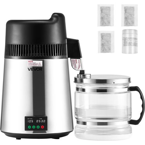 Distillateur d'Eau 6 L, Purificateur d'Eau de Comptoir, 900 W, Rendement 1,3 L/h, en Acier Inoxydable, avec Carafe en Verre et Accessoires, Distillation Efficace, pour Maison Bureau, Argent (1/5)
