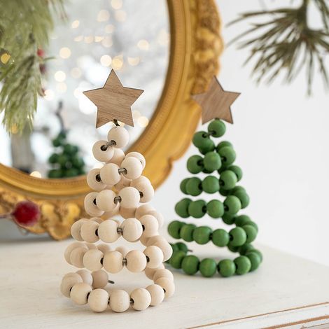Arbre De Noël En Bois - Forme Spirale Avec Perles Naturelles - Décor De Bureau Et Intérieur - 13 Cm - 1 Pièce (1/5)