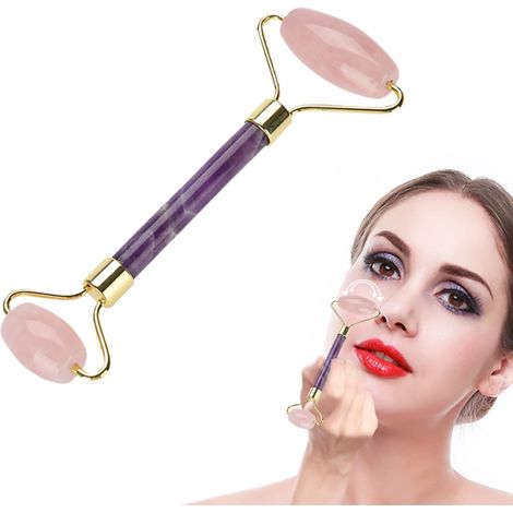 Rouleau de jade naturel pour massage visage et yeux anti-âge, roller en cristal de rose et améthyste. (1/5)