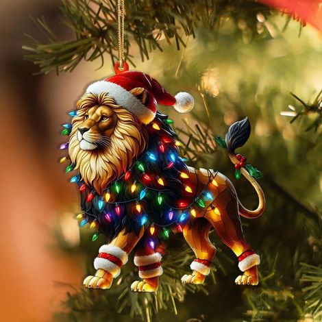 Guirlande De Noël En Acrylique - Lion Plat Avec Chapeau De Père Noël - Décoration Arbre Noël Voiture Sac Fenêtre - 1 Pièce (1/5)
