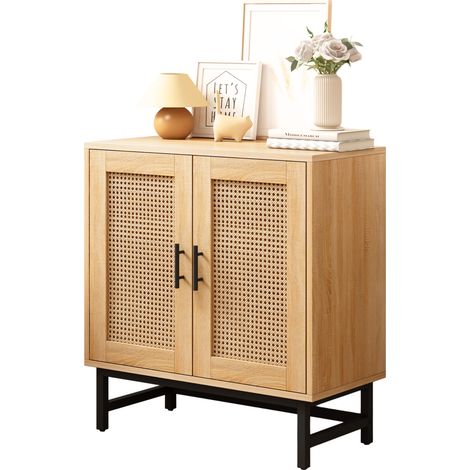 FURNITURE HMD 2 Door Sideboard Cabinet Cupboard with Metal Frame,Wooden Storage Unit for Living Room/Bedroom/Kitchen,Rattan Style,77x37x80cm (1/5)
