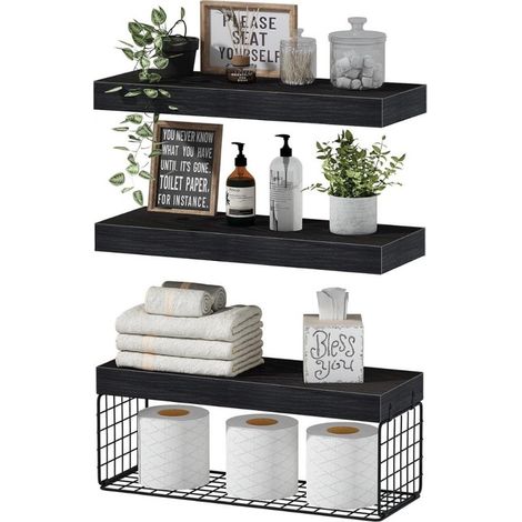 Étagère flottante – Organisateur mural pour salle de bain – Bois noir – Pratique et durable (1/5)