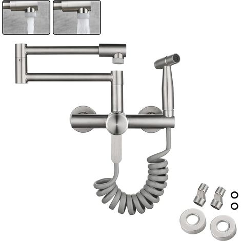 Robinet De Cuisine Montage Mural Tréfilage En Acier Inoxydable 304 De Qualité Alimentaire Avec Pistolet Et 2 Types De Jet D'eau évier Mitigeur Mural Pivotant à 360° Robinetterie (13CM-17CM)