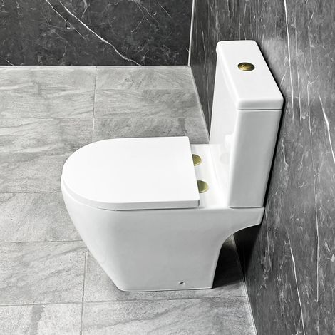 Tornado Flush Toilet with Brushed Brass Flush Button & Hinges Open Back Rimless (1/4)