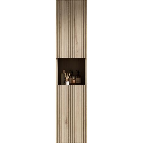 Armario de baño mural alto 160 cm con 2 puertas y hueco abierto, madera clara (1/5)
