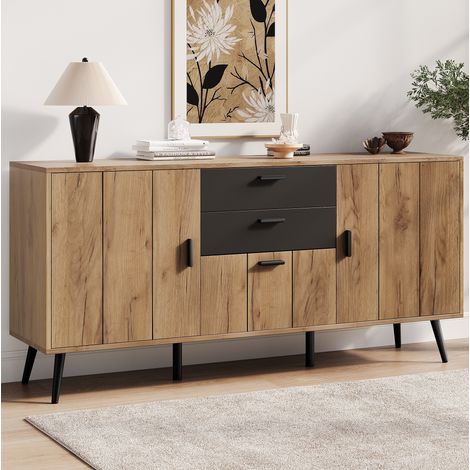 Aparador moderno con 2 cajones y 3 puertas, 140x35x67 cm, MDF, negro y madera (1/5)