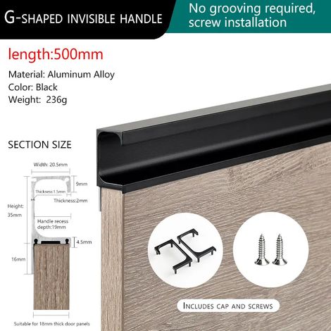 Poignées de tiroirs de cuisine (noires, 500 mm - 1 pièce) en profilé aluminium invisible sans rainure, en forme de G, pour fixation sans perçage. (1/5)