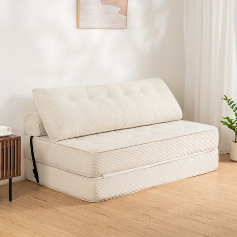 Faltbares Schlafsofa 1,5×1,8m mit Kissen, umwandelbarer Bodensessel mit Rückenlehne für kleine Räume, Büro & Gästezimmer, Weiß