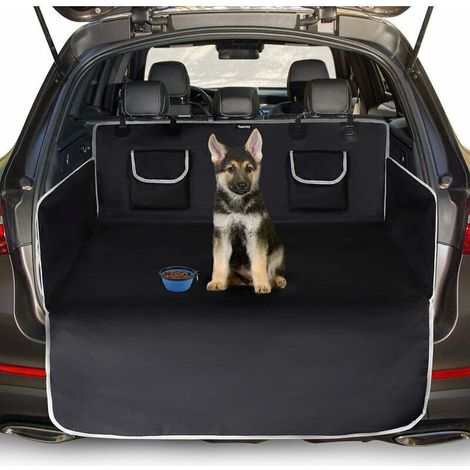 Protection Coffre Voiture Chien Universelle, 2 Grandes Poches, Imperméable & Antidérapant, 185 x 105 cm Couverture de Coffre pour Plupart Voitures, Gamelle Bonus et E-Book, Noir (1/4)