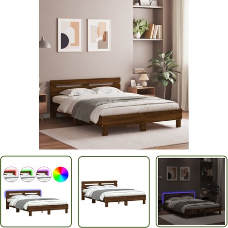 The Living Store Bettgestell mit Kopfteil LED-Beleuchtung Braun Eichen-Optik - Holzbettfassungen - Bettsystem - Doppelbett - Eiche Möbel - Beleuchtung Im Schlafzimmer (1/5)