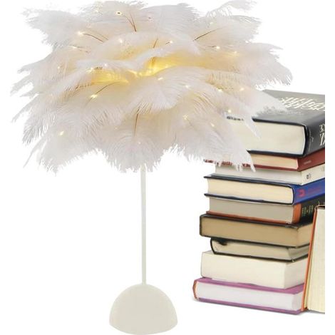 Lampe de table LED à plumes – Lampe de bureau et de chevet avec abat-jour en plumes – Design élégant pour chambre et décoration intérieure – Fonctionne sur piles – Lumière blanc chaud (1/5)