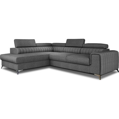 Canapé d'angle convertible tissu appuis-tête réglables LOZA - Coffre et pieds acier chromé angle gauche-Gris foncé-angle gauche (1/5)