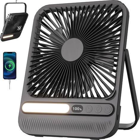 JSSEVN - Tragbarer Reiseventilator mit Licht, bis zu 28 Stunden Akkulaufzeit, 8-Stunden-Timer, leise (42 dB), 4 Geschwindigkeitsstufen, wiederaufladbarer Tischventilator (1/5)