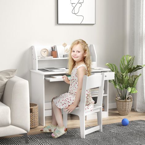 Table bureau de pour enfants avec chaise - bureau scolaire pour enfants de 5 à 8 ans en bois avec étagère et chaise - blanc (1/4)
