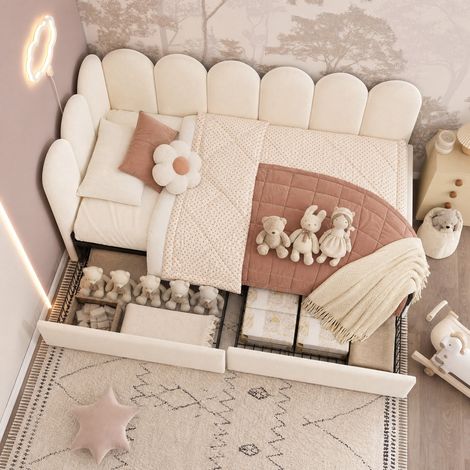 Letto giorno 90x190 cm con 2 cassetti e rete a doghe, in velluto beige, per cameretta, senza materasso (1/5)