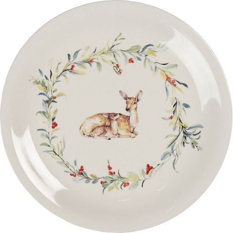 Grande Assiette Plate en Céramique Blanc et Vert Motif Cerf Style Rustique Ø 28 x 2 cm - PANGIVO (1/4)