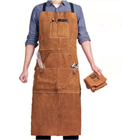 Tablier de Soudeur avec 6 Poches, Tablier de Travail en Cuir Anti Chaleur Ignifuge, Tablier de Menuisier pour Homme Réglable de M à XXXL, Parfait pour Forgeron, Mecanicien, Atelier (1/5)