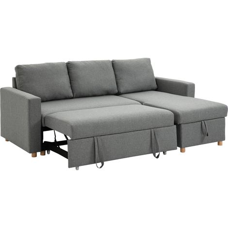 Canapé d'angle convertible 3 places modulable avec méridienne réversible, coffre rangement, 3 coussins dossier, tissu aspect lin gris (1/5)