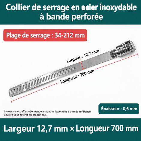 Collier de serrage déverrouillable inox 304 700 × 12,7 × 0,6 mm diamètre 34-212 mm 700 34-212mm 2 × 2 × 2 cm 50 g – Livraison gratuite