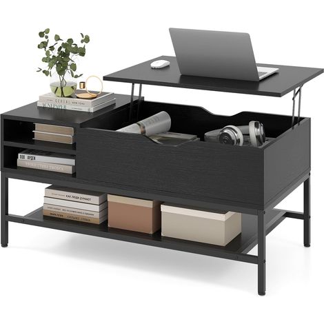 COSTWAY Table Basse Plateau Relevable, Table Salon Relevable avec Rangement Caché, Compartiments Ouverts, Mécanisme de Levage, Cadre en Métal, pour Salon, 99,5 x 49,5 x 47,5 cm (Noir) (1/5)