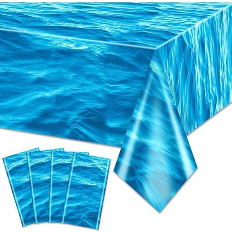 Lot de 4 nappes vagues de l'océan – Housses de table d'eau pour océan, sous la mer, plage, piscine, sirène, requin, fournitures de décoration de fête d'anniversaire, 137X274cm (1/5)