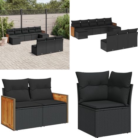 Salon de jardin 10 pcs avec coussins noir résine tressée - Salon De Jardin - Meuble De Jardin - Ensemble Salon De Jardin - Mobilier Extérieur - Set De Canapés - Home & Living (1/5)