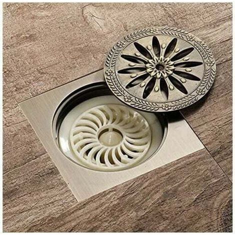 Antique Brass Drain de douche en laiton, Carré Siphon de Sol Anti-odeur Grille Douche pour Salle de Bain Grand Calibre 10 x 10 cm, Accessoires de salle de bain (1/4)