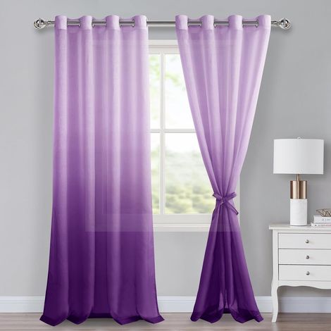 Lot de 2 rideaux en voile avec œillets - Dégradé de couleurs - Pour chambre à coucher et salon - Avec embrasses - 245 x 140 cm (H x l) - Violet (1/5)