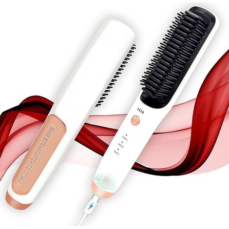 Lisseur à cheveux sans fil blanc, brosse lissante portable rechargeable USB-C, batterie longue durée, anti-brûlure, peigne chauffant de voyage pour femmes, coiffure rapide (1/5)