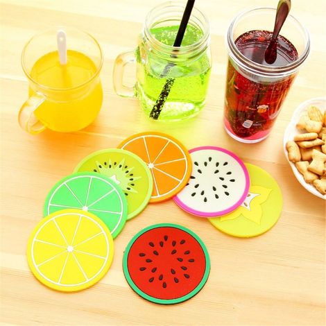 Silicone Round Drinks Coaster pour Coffee Tea Ensemble de 7, Fruit Images Nouveauté Table Mats et Coaster Feet Sets Placemat for Furniture, (1/4)