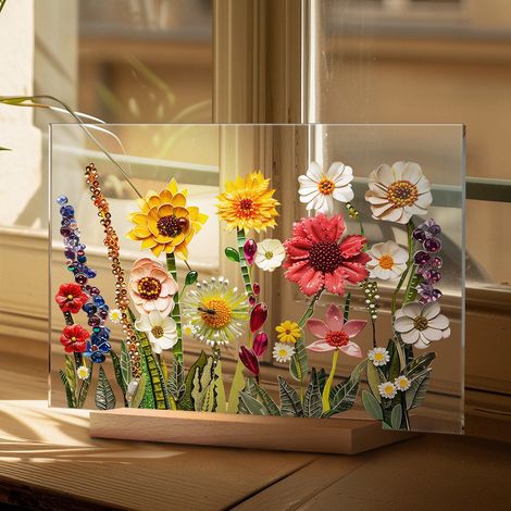 Décor De Bureau En Acrylique - Motif Floral Imprimé - Base En Bois - Dimensions 21 X 15 Cm - 1 Pièce (1/5)
