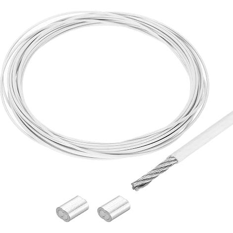 16Ft(5M) Vinyl Coated 304 Stainless Steel Cable 1/24" (1mm) with 2 Aluminum Sleeves for Hanging, Clothesline, Lifting White (1/5)