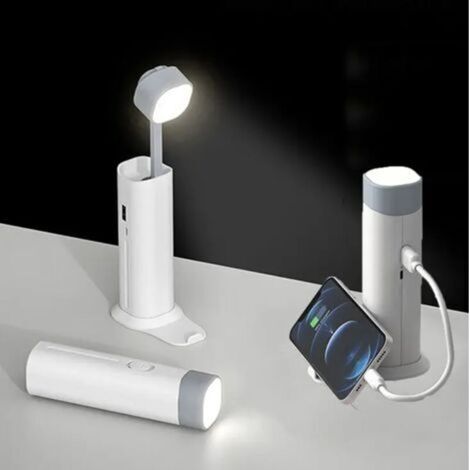 4-in-1 Taschenlampe (5500 K) + Faltbare Tischlampe + Powerbank + Handyhalterung (1200 mAh) – USB-Ladefunktion, ideal zum Lesen am Bett und für den Außenbereich – Weiß