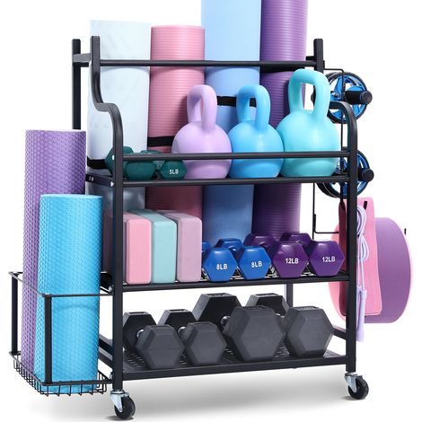 VEVOR Support pour Tapis de Yoga 3 Niveaux, Organisateur de Materiels deEntrainement en Acier avec Revetement en Poudre, Chariot de Rangement Sportif avec Crochets, pour Halteres, Kettlebell, Gym